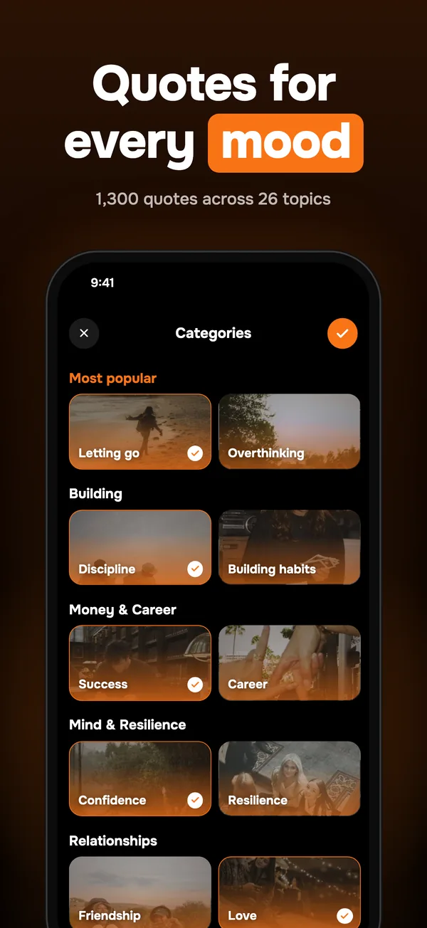 The Life 20s category picker with topics such as Letting go and Discipline
