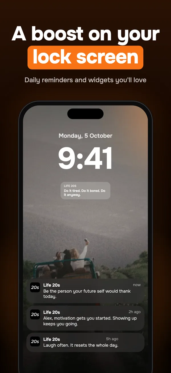 Life 20s quote notifications on an iPhone lock screen